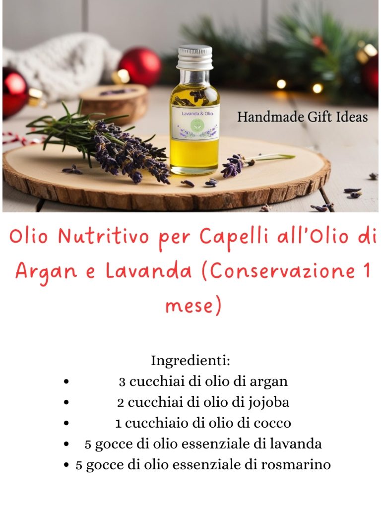 bottiglia con olio capelli all’olio di argan e lavanda, presentata come regalo naturale e fai-da-te