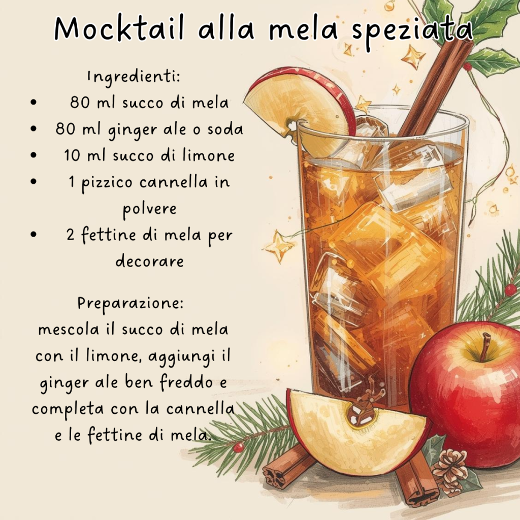 Mocktail alla mela speziata con succo di mela, ginger ale, succo di limone, cannella e fettine di mela – Aperitivo analcolico natalizio facile da preparare