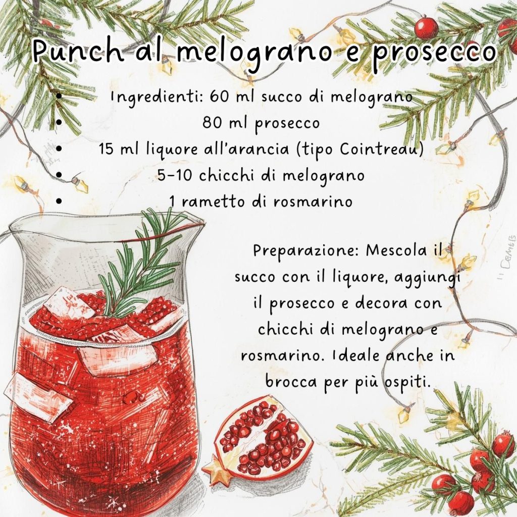 Punch al melograno e prosecco con succo di melograno, liquore all’arancia, prosecco, chicchi di melograno e rametto di rosmarino – Aperitivo natalizio facile da preparare