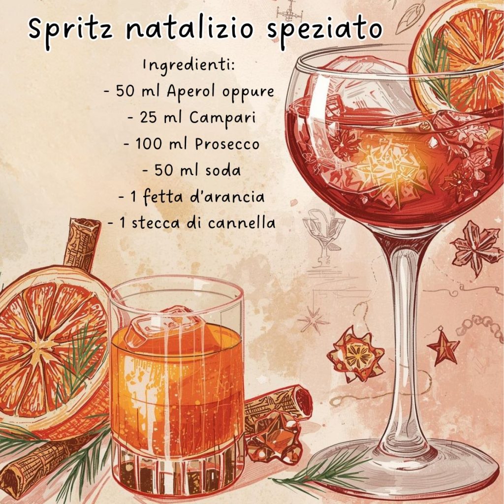 Spritz natalizio speziato con Aperol, Campari, Prosecco, soda, fetta d’arancia e cannella – Aperitivo di Natale alcolico facile da preparare per le feste