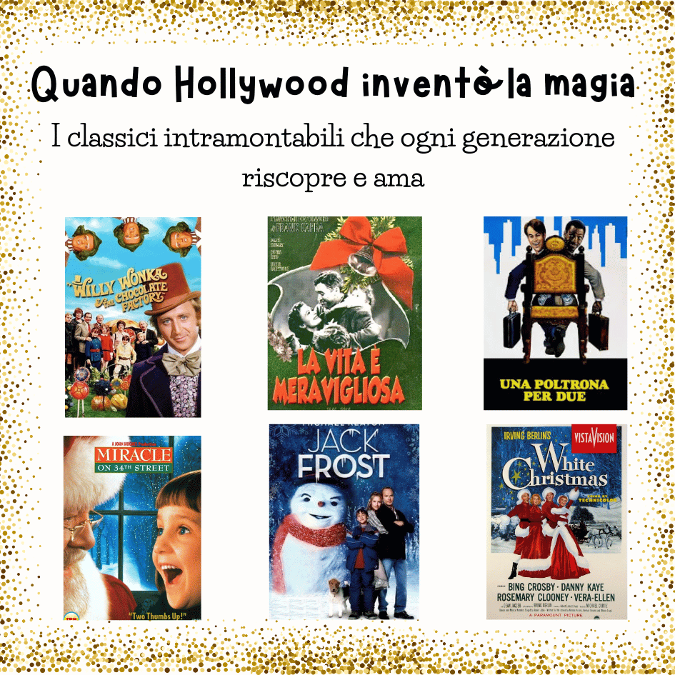 Locandine dei classici film di Natale: Willy e Wonka, La fabbrica di cioccolato, La vita è meravigliosa, Una poltrona per due, Jack Frost, Miracle nella 34ª strada, White Christmas