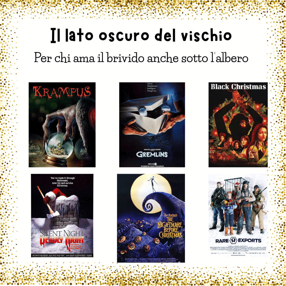 Locandine dei film horror di Natale: Krampus, Gremlins, Black Christmas, Rare Exports, Nightmare Before Christmas, Silent Night