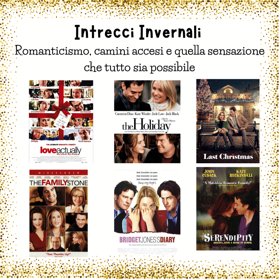 Locandine dei film di Natale romantici: Love Actually, The Holiday, Last Christmas, Serendipity, Bridget Jones's Diary, The Family Stone