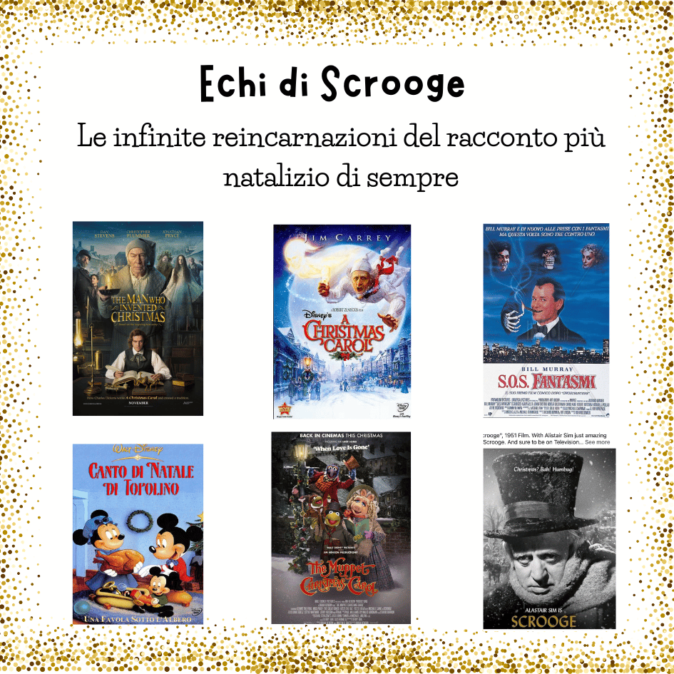 Locandine dei film di Natale sul Canto di Natale: L’uomo che inventò il Natale, Christmas Carol, SOS Fantasmi, Topolino e la magia del Natale, Muppets Christmas Carol, Scrooge