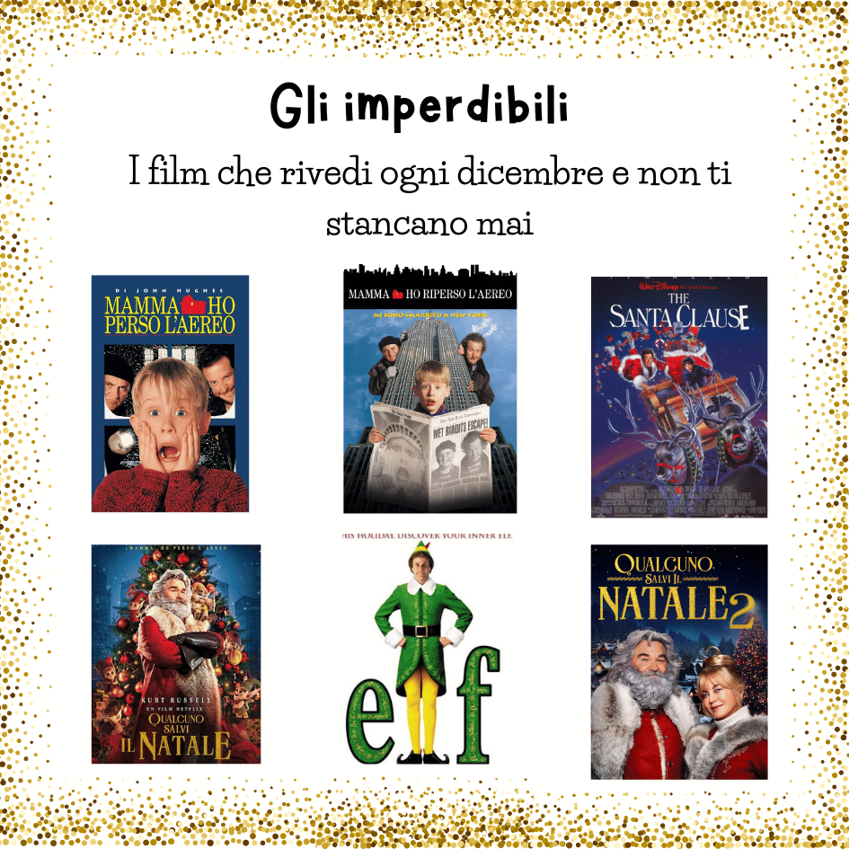 Locandine dei film di Natale imperdibili evergreen: Mamma ho perso l’aereo, Santa Claus, Elf, Qualcuno salvi il Natale 1 e 2, Mi son smarrita a New York