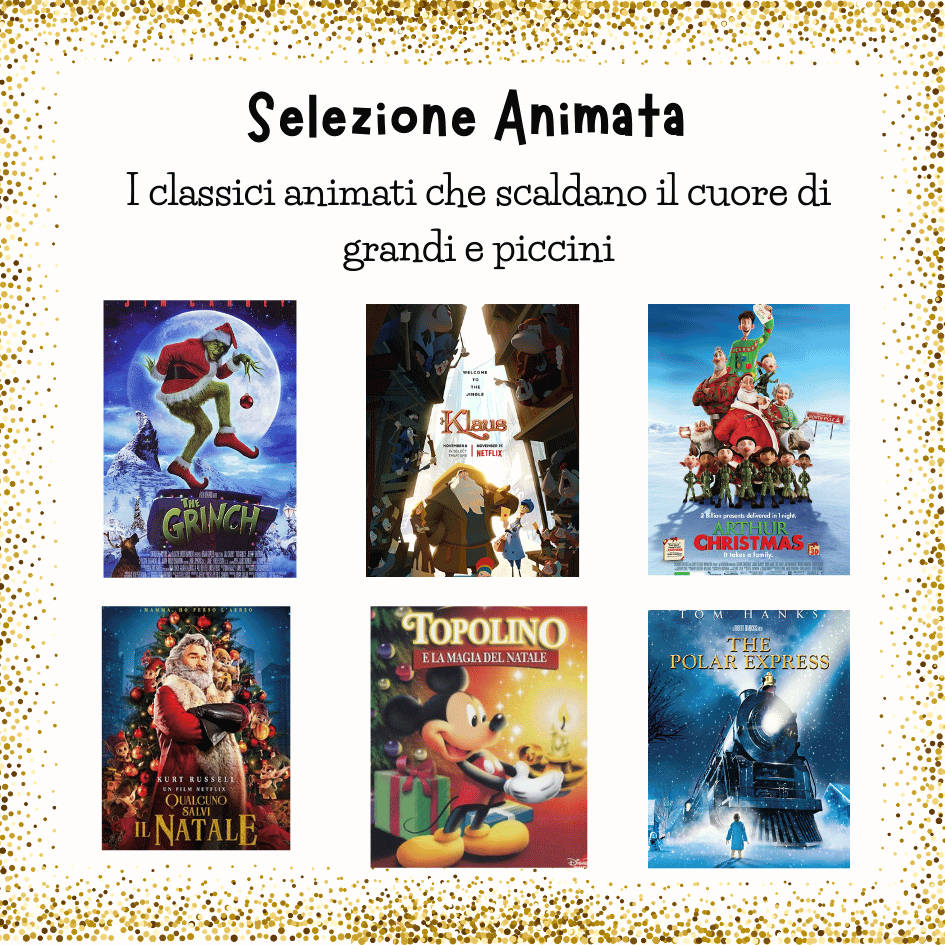 Locandine dei film di Natale animati: Grinch, Klaus, Polar Express, Topolino e la magia del Natale, Qualcuno salvi il Natale, Arthur Christmas