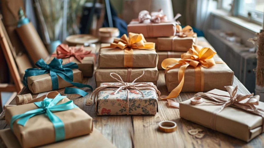 idee regalo originali impacchettate a mano con carta colorata e nastri su tavolo creativo