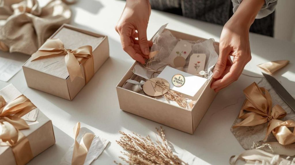 gift box personalizzate fatte a mano con mani che assemblano una scatola regalo