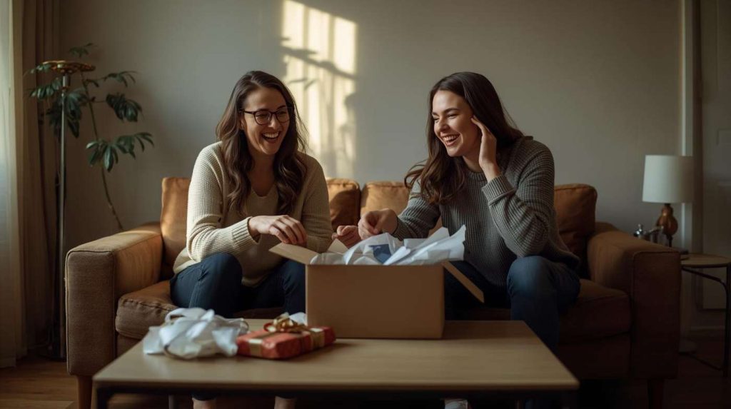 persona sorpresa mentre apre un regalo originale sul divano in un momento autentico
