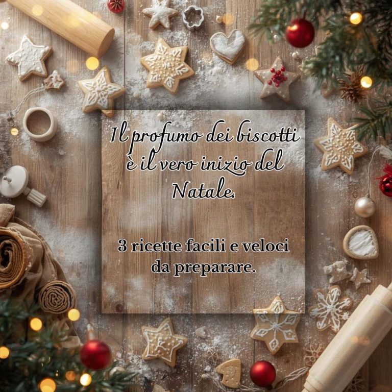Locandina articolo “Biscotti natalizi facili e veloci”, con tre tipologie di biscotti in primo piano su sfondo festivo, spazio centrale per frase “Tre ricette semplici e veloci per biscotti natalizi