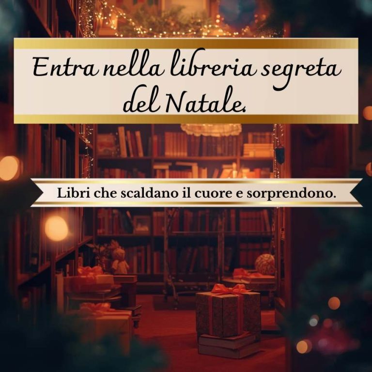 Locandina articolo “Libri di Natale da leggere e regalare”, libreria con libri natalizi e atmosfera calda, spazio centrale per la frase “La libreria segreta del Natale