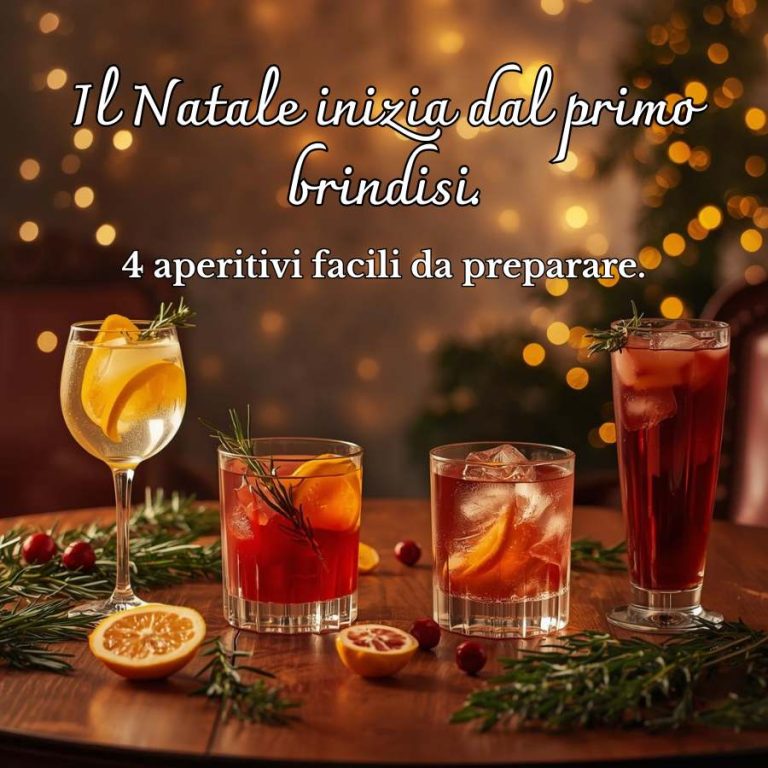 Locandina articolo “Brindisi di Natale”, quattro bicchieri con aperitivi natalizi, due alcolici e due analcolici, spazio centrale per frase “Quattro aperitivi da preparare subito