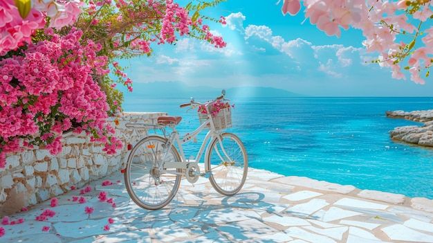 Passeggiata in bicicletta tra fiori primaverili e luce del mattino