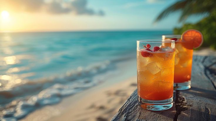 Cocktail estivo sul mare al tramonto con luce calda