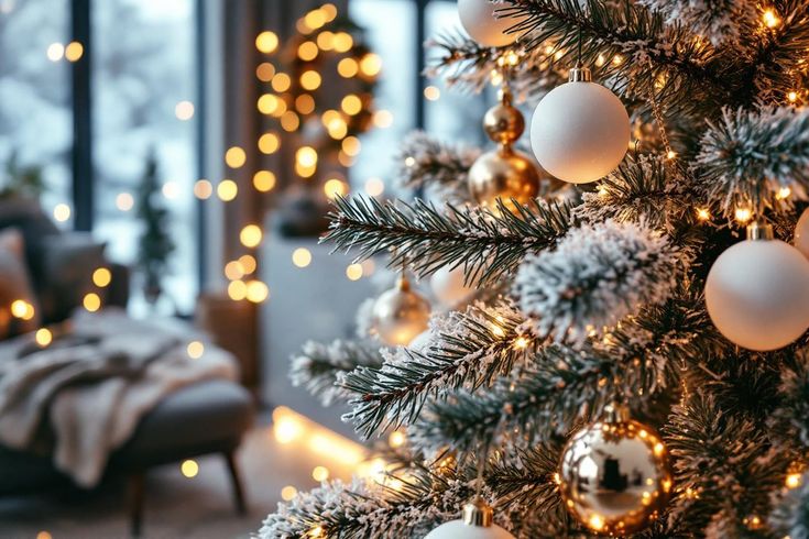Albero di Natale decorato con luci calde in casa durante il periodo invernale