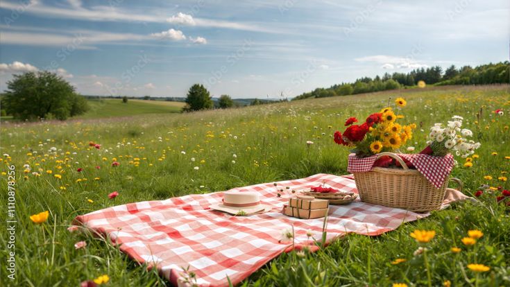 Picnic primaverile su prato verde con coperta e cestino colorato tra fiori