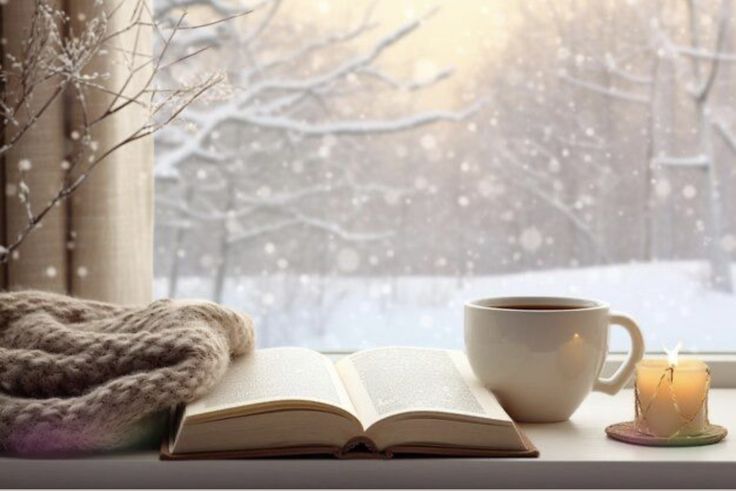 Libro e tazza calda davanti alla finestra con neve in inverno, momento slow e accogliente